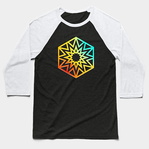 Neon Geometric Glyph Mandala Sigil Rune Sign Seal Cyan Red and Yellow  -  420 Baseball T-Shirt by Holy Rock Design